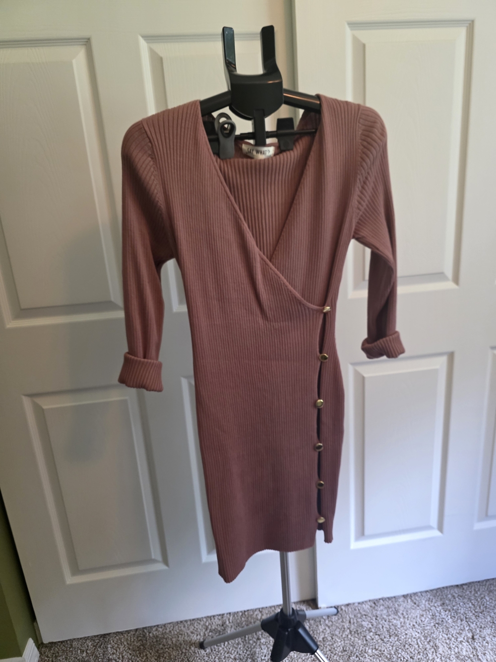 Say What? Mauve Ribbed Wrap Midi Dress with Side Buttons